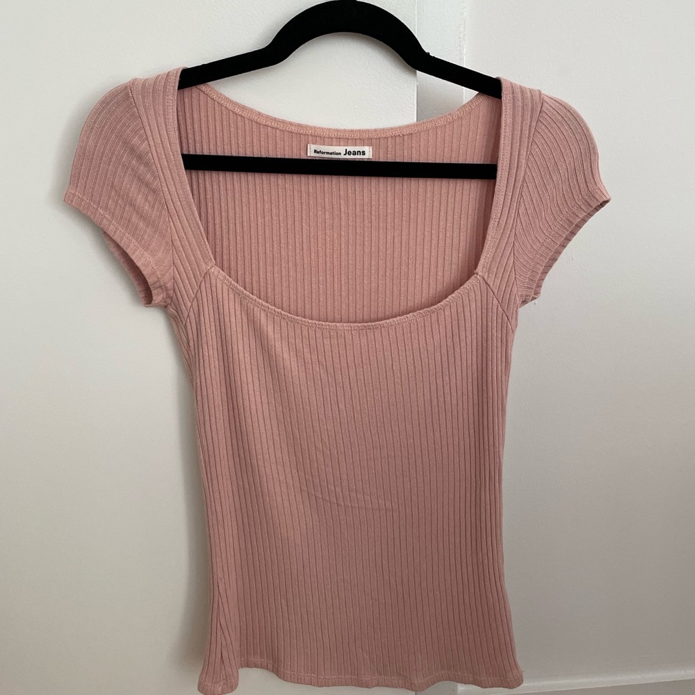 Reformation Jeans Bardot Top S Small Rose Pink Ribbed Square Neck Shirt